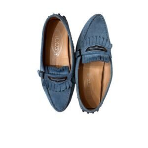 🥿❣️ Tod's Blue Suede Gommino Fringe Driving Loafers 🇮🇹 Made In Italy